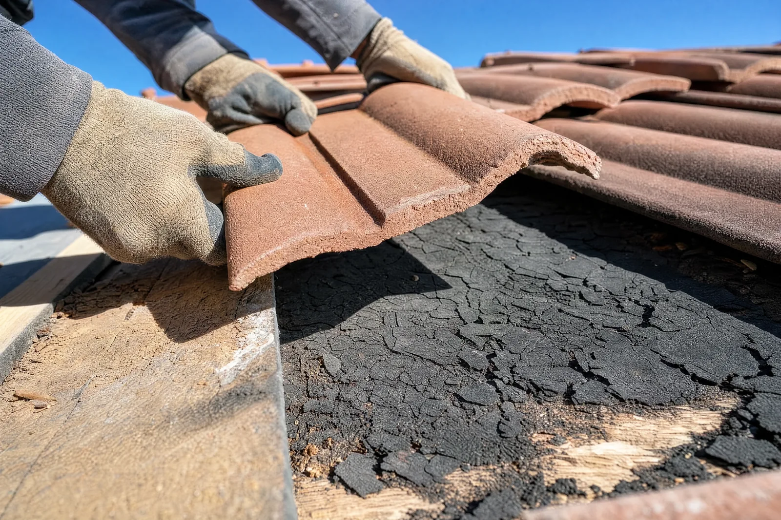Gloved hand peeling back brittle cracked asphalt felt underlayment to reveal the plywood deck under a tile roof