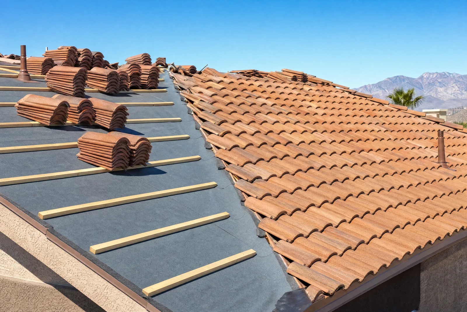 Single-storey tract home mid lift-and-relay: half the roof shows new grey synthetic underlayment and battens, the other half has concrete tile relaid, with tile pallets staged on the roof