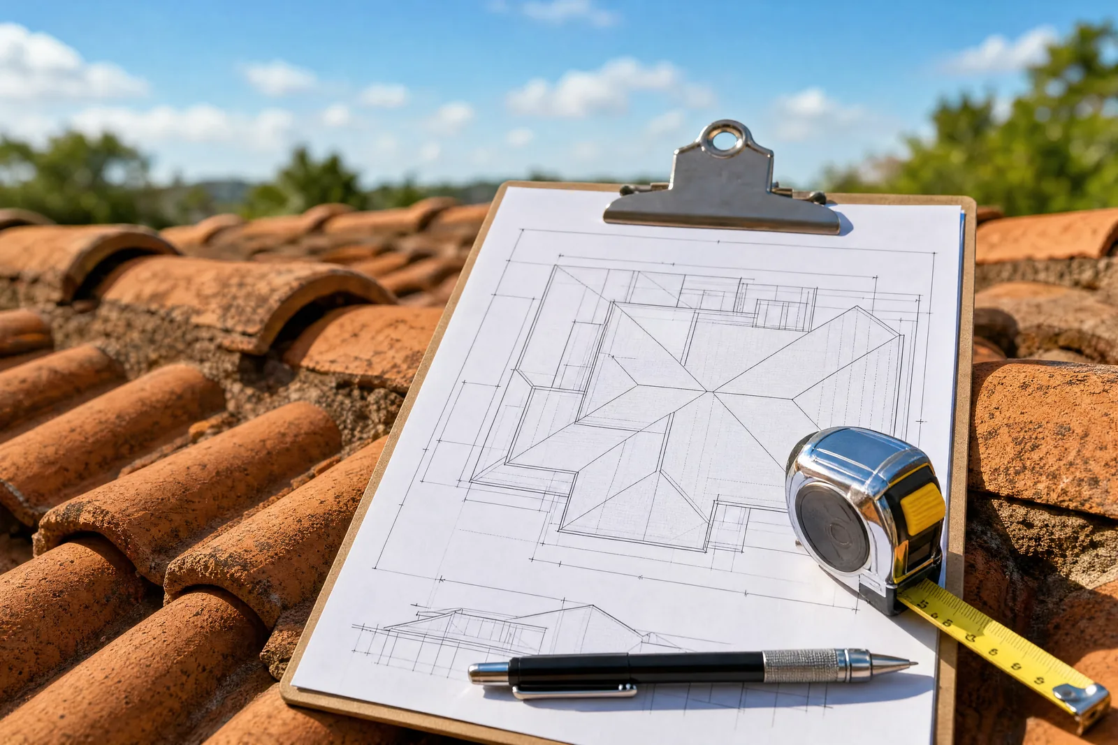 Roofer holding a clipboard with a hand-drawn roof plan and measurements on a tile roof