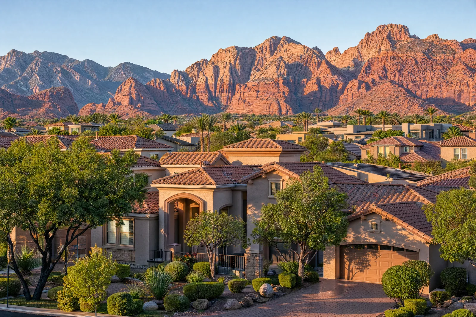 Two-storey Summerlin home with a clean charcoal concrete tile roof at dusk