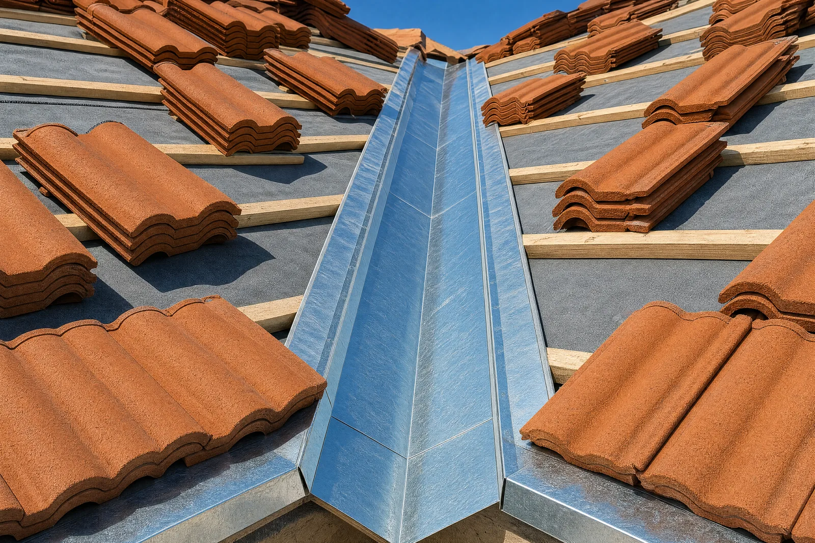 Roof valley with new valley metal and new synthetic underlayment, original tile stacked for relay